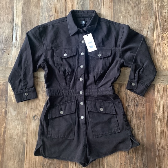 7 For All Mankind Black Denim Button-Down Romper with pockets 100% Cotton - Picture 5 of 14